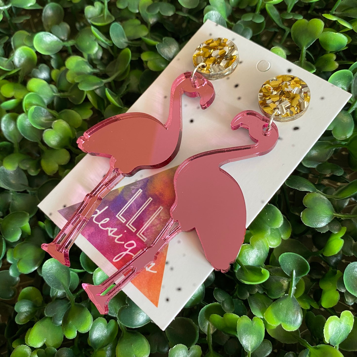 Glamour Flamingo Statement Dangle Earrings. Finished with Silver and Gold Glitz Confetti Tops.