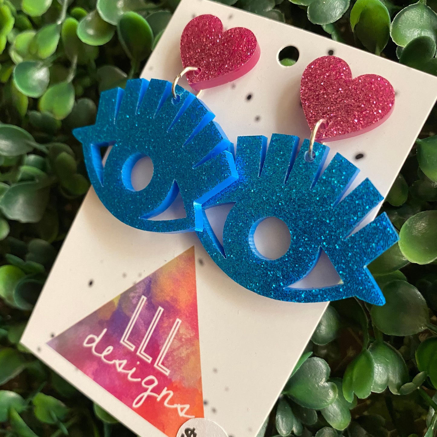 Big Blue Eyes - Glitter Blue Eye Statement Dangle Earrings with Pink Glitter Heart Tops.