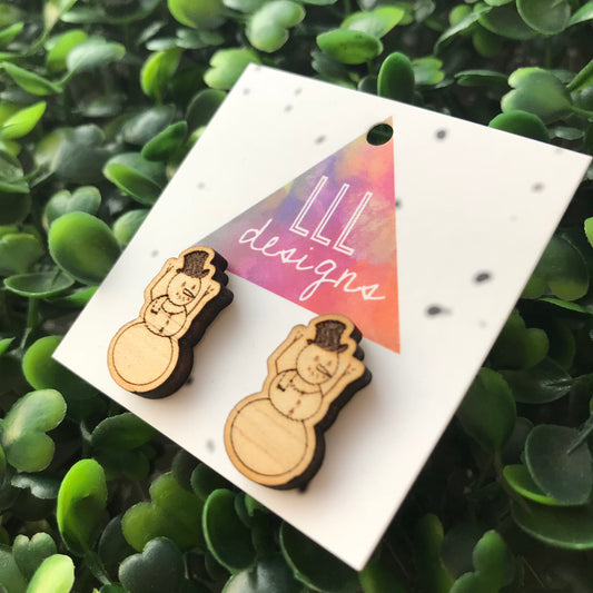 Timber Etched Christmas Snowman Stud Earrings.