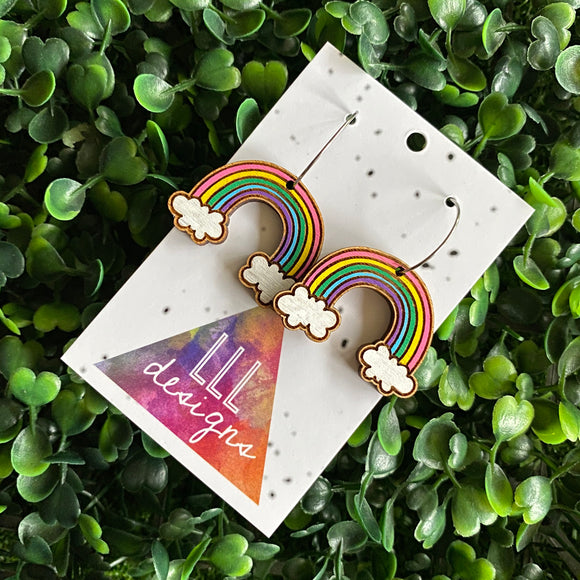 Rainbow Earrings. Hand Painted Timber Rainbow Hoop Earrings. (Cute Style/Pink)