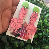 Lovely Llama Pink Mirror Dangle Earrings. Alpaca Earrings.