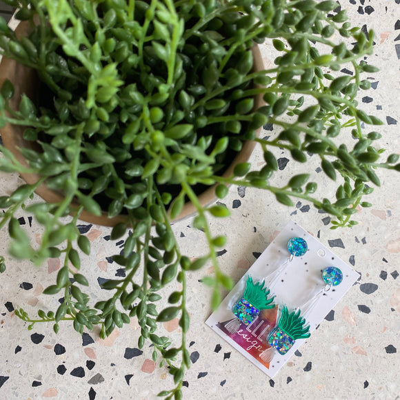 Hanging Planter Dangle Earrings. Featuring Stunning Blue and Silver Holographic Planters along with matching circular tops.