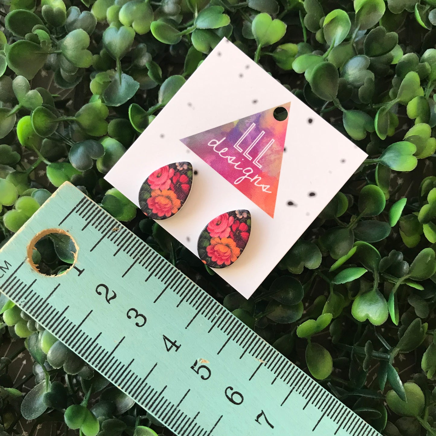Stunning Floral Printed Timber Teardrop Stud Earrings.
