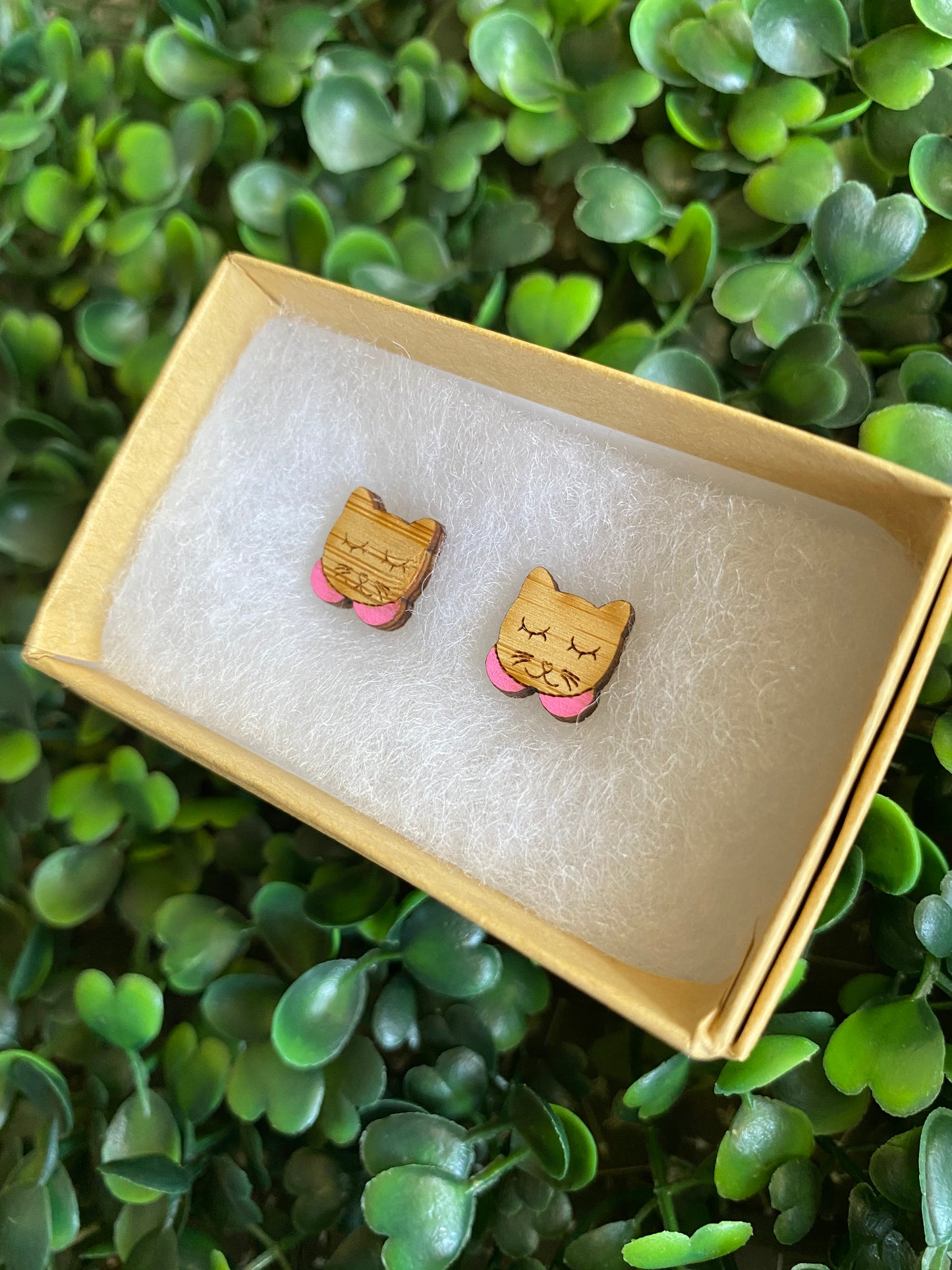 Sleepy Kitty Earrings - Detailed Hand Painted Bamboo Earrings - Available in 2 Stunning Colours.
