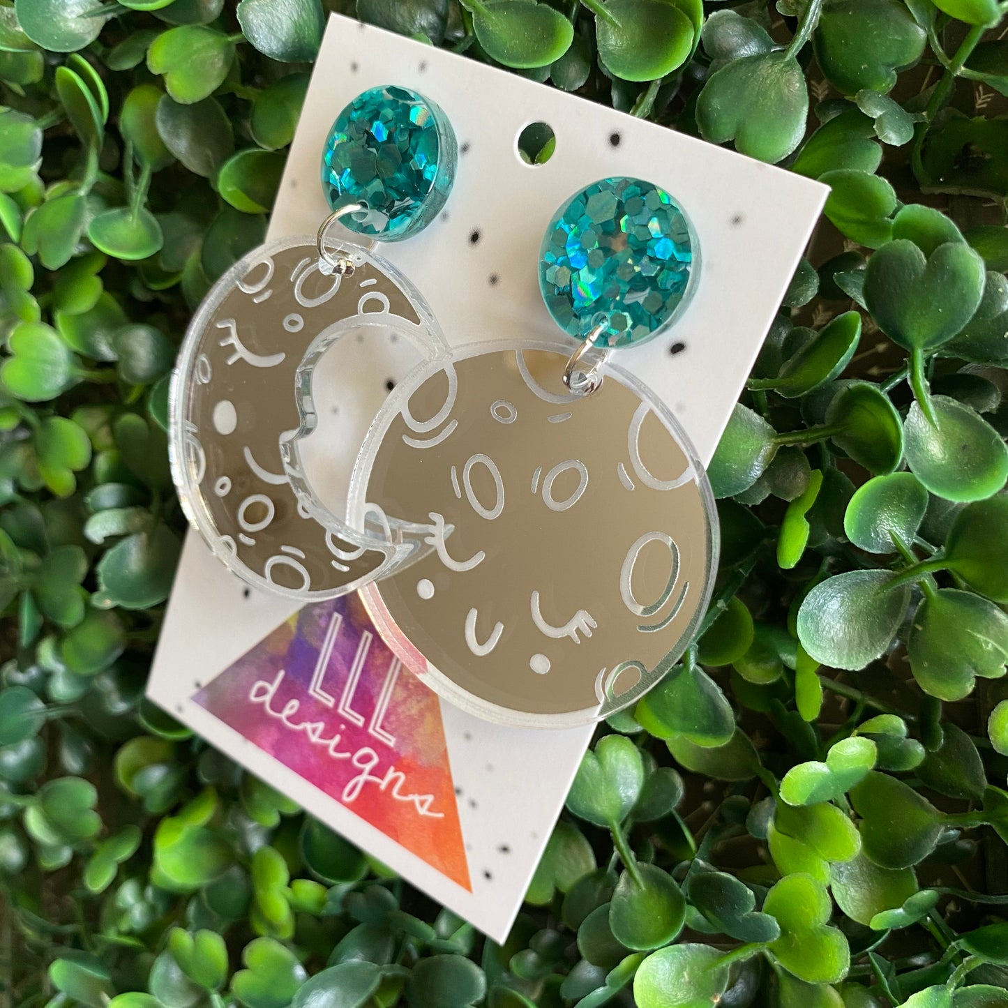 Moon Earring. Dreamy Sleepy Mirror Moon Dangle Earrings in Silver with Stunning Aqua Confetti Acrylic Tops.