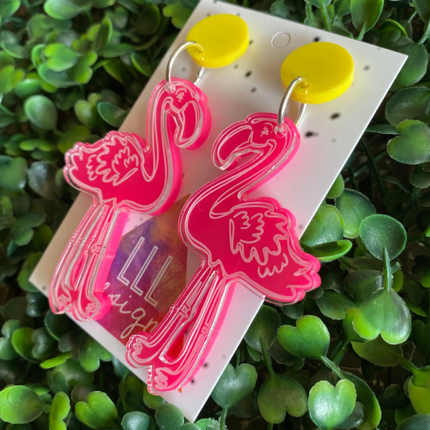 Fancy Flamingo Statement Dangle Earrings. 2 Layers of Acrylic Fabulousness - Neon Pink with Yellow Tops.