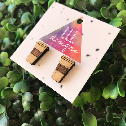 Timber Etched Takeaway Coffee Cups. Coffee Addict Earrings.