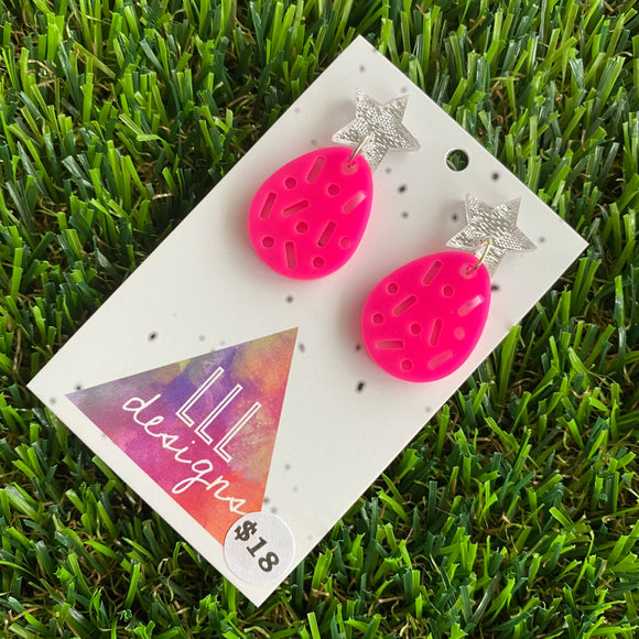Hot Pink Lush Drop Dangle Earrings with Silver Glitz Star Toppers