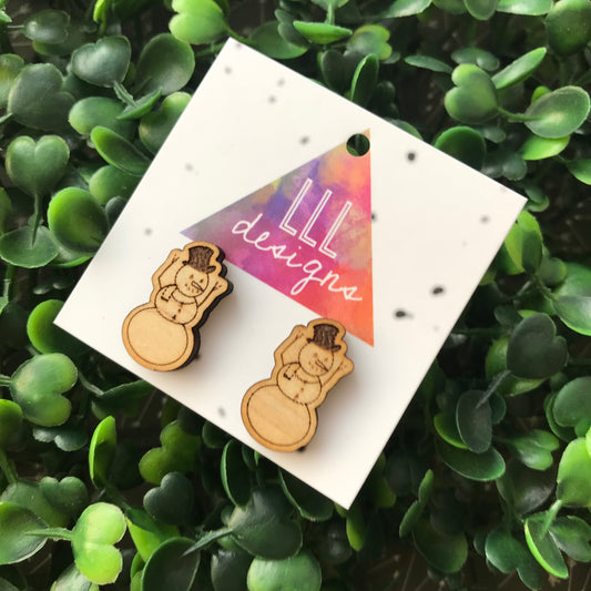 Timber Etched Christmas Snowman Stud Earrings.