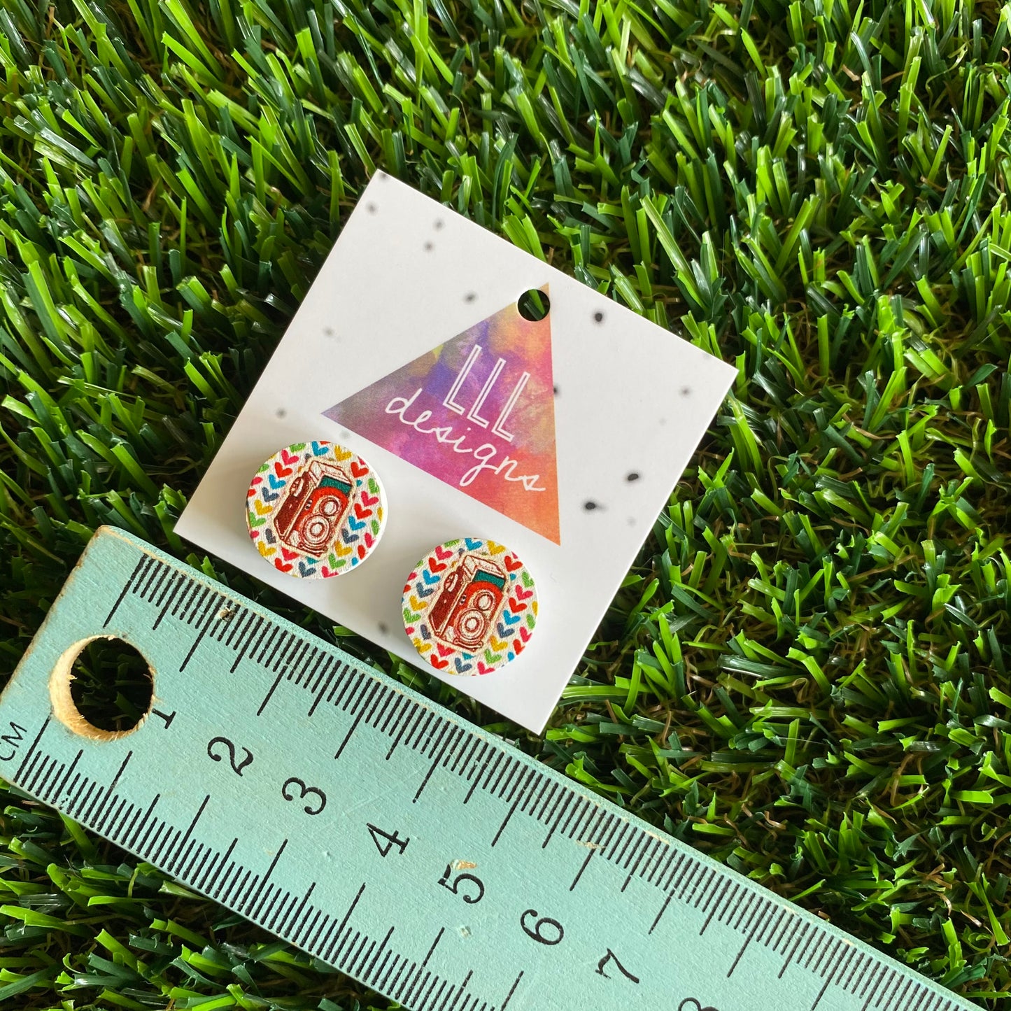 Colourful Vintage Camera - Printed Timber Stud Earrings.