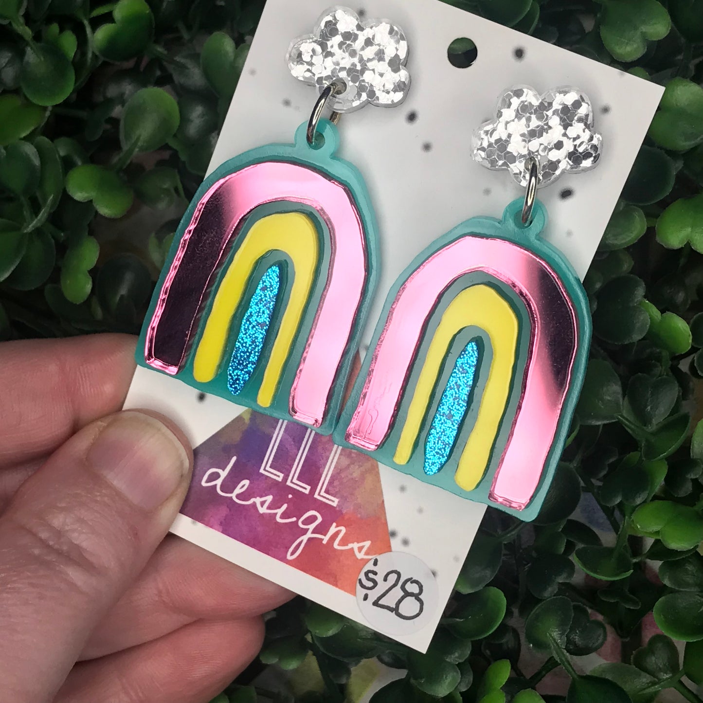 Rainbow Dangle Earrings - Colourful Wonky Acrylic Rainbow Earrings, finished with Glitzy Silver Cloud Tops.