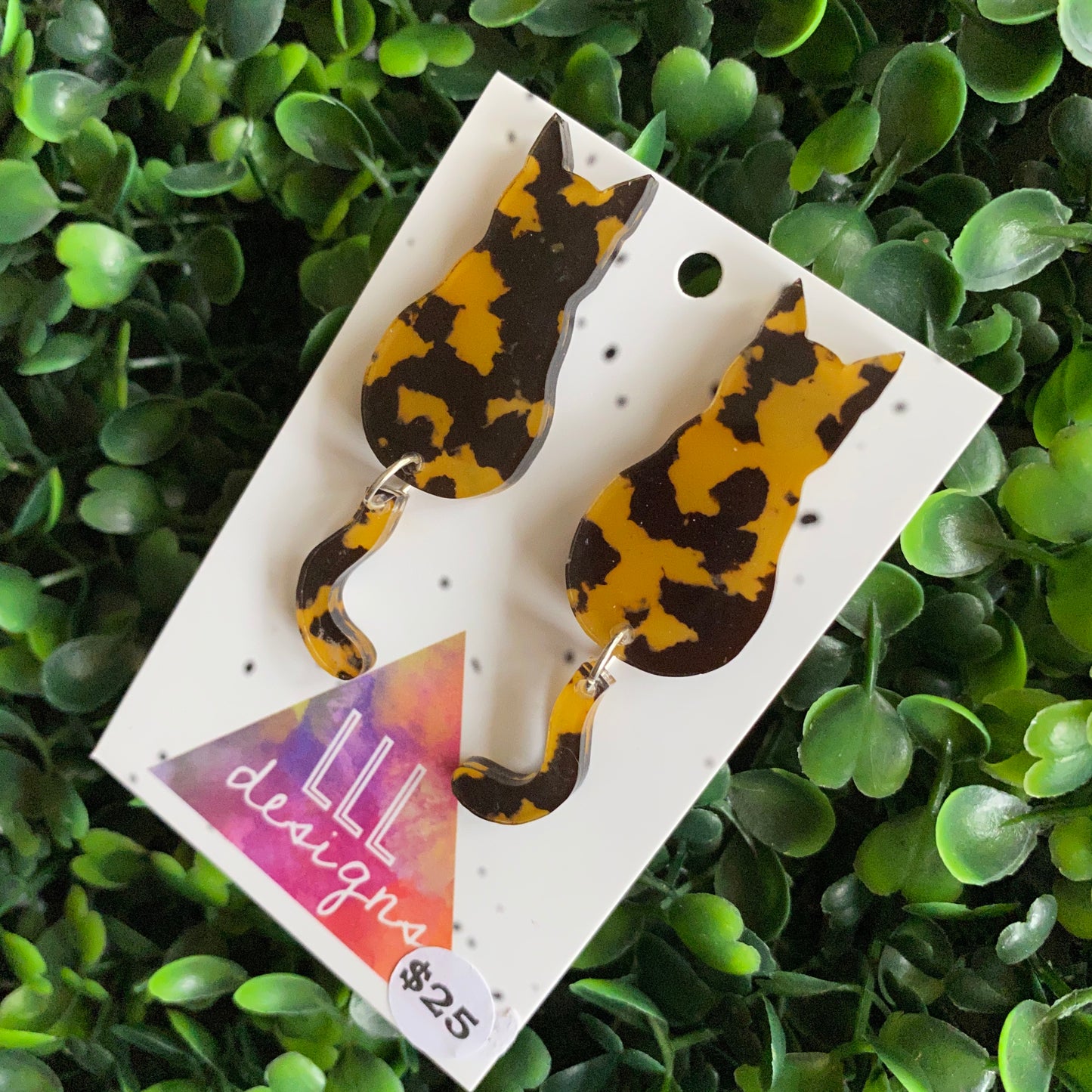 Tortoise Shell Cat Earrings - Sitting Pretty Kitty Earrings with Dangle Tails (large)