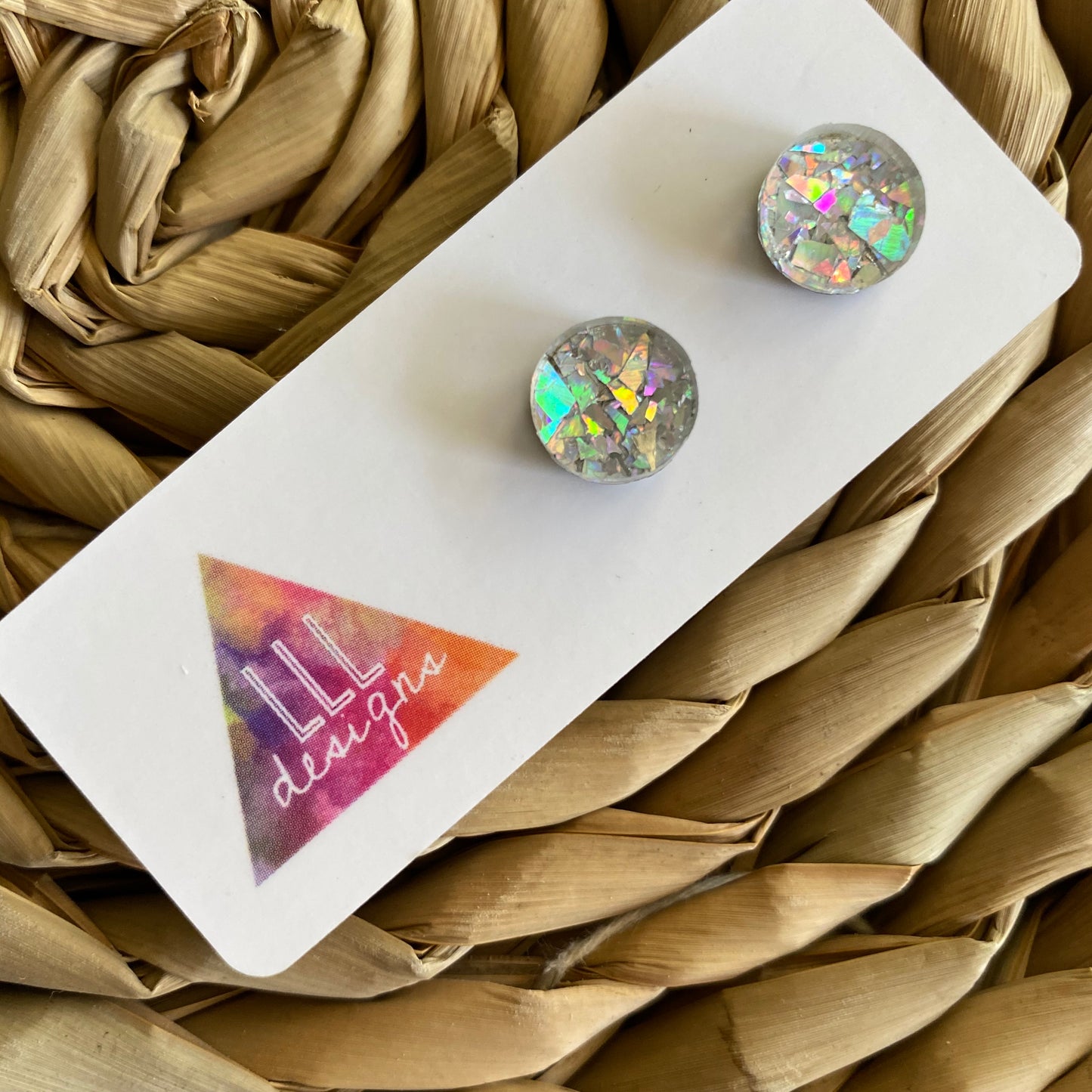 Circle Earrings. Holographic Silver Shatter Circle Stud Earrings.