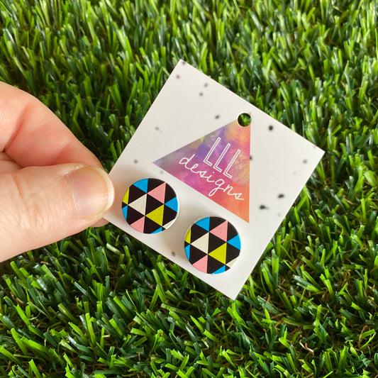 Multi-Coloured Pastel and Black Triangle Geo Printed Timber Stud Earrings.