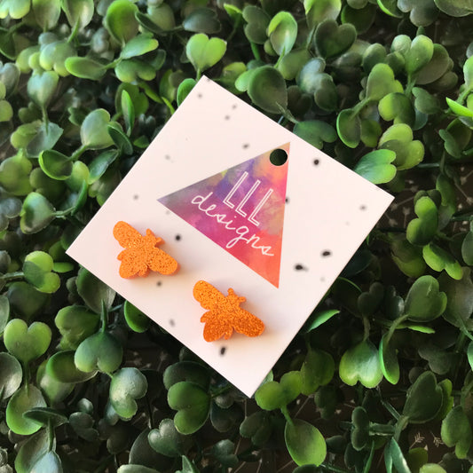 Glitter Orange Bee Stud Earrings. Just BEE You!