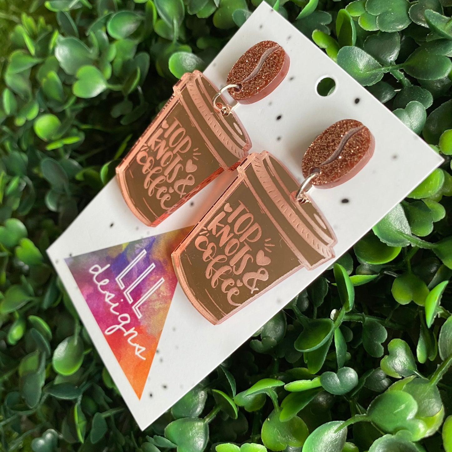 Top Knots & Coffee Statement Dangle Earrings Featuring Copper Glitter Coffee Bean Tops to make them POP!