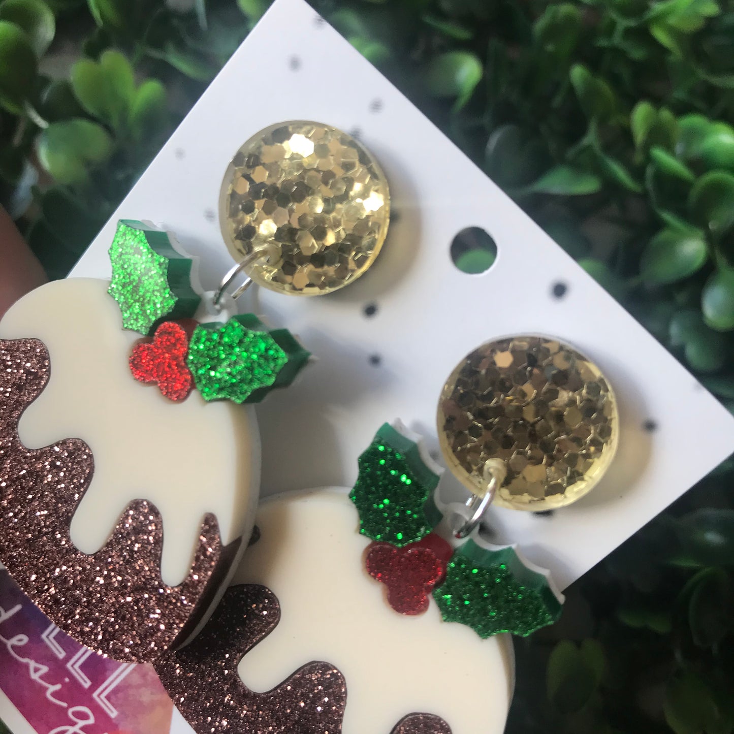 Christmas Pudding Dangle Earrings - Featuring Dazzling Metallic Gold Tops.
