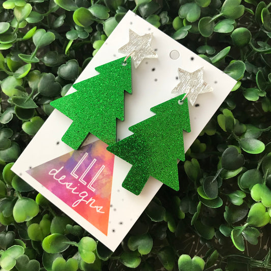 Glitter Green Christmas Tree Statement Dangle Earrings with Silver Star Topper (d/g)