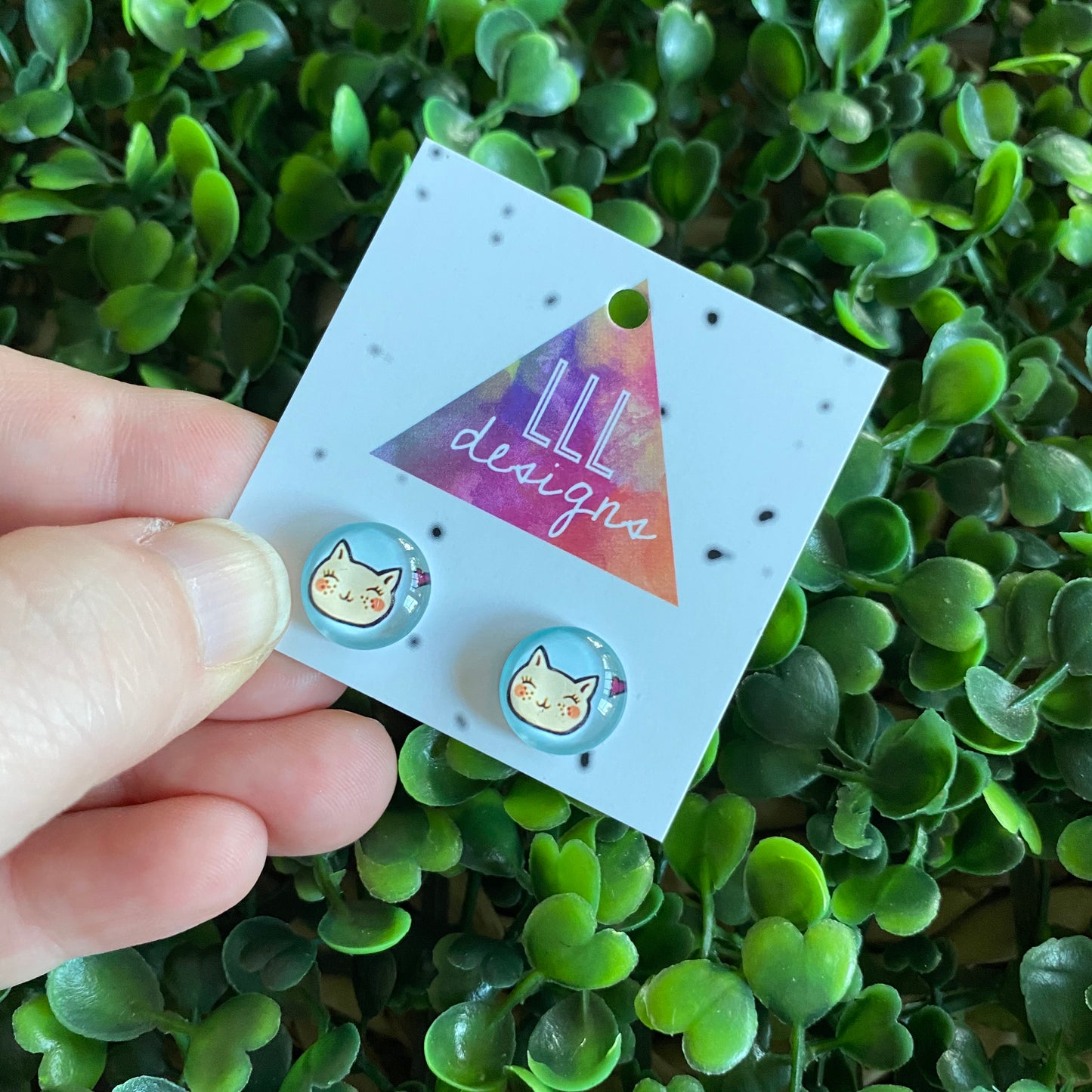 Cat Earrings. Happy Kitty Glass Dome Stud Earrings.