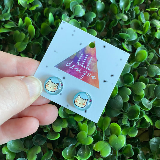 Cat Earrings. Happy Kitty Glass Dome Stud Earrings.