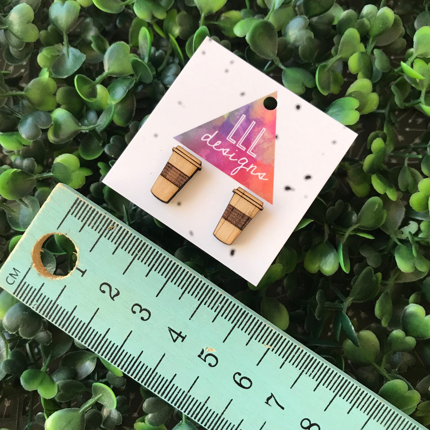 Timber Etched Takeaway Coffee Cups. Coffee Addict Earrings.