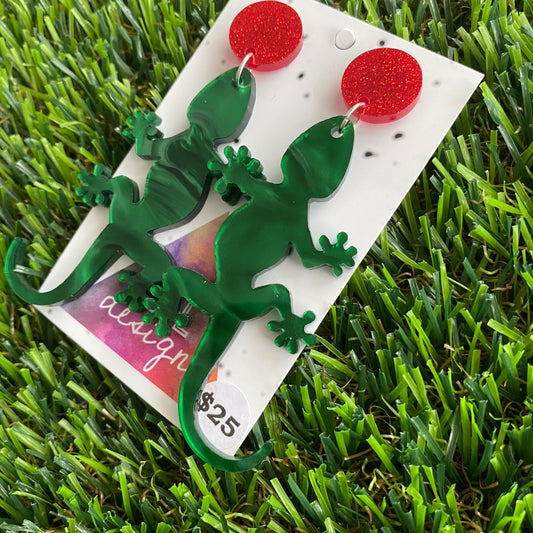 Gekko Earrings - Groovy Green Swirl Gekko Dangle Earrings - Size Large