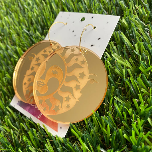 Goddess - Stunning Gold Mirror Sun and Moon Statement Hoop Dangle Earrings