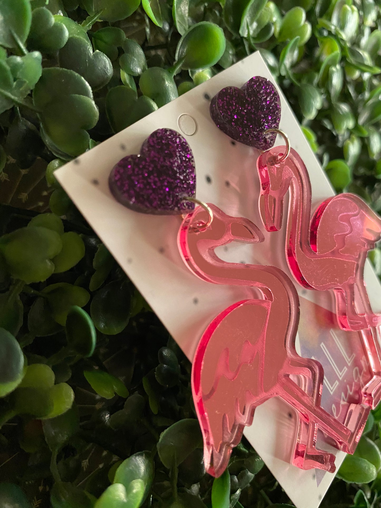 Flamingo Lover Duo Statement Dangle Statement Earrings. Featuring Purple Glitter Heart Tops.