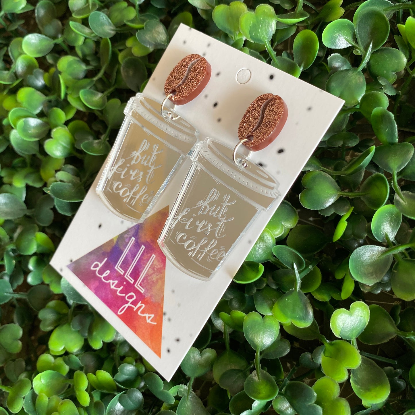 But First Coffee Statement Dangle Earrings Featuring Copper Glitter Coffee Bean Tops to make them POP!