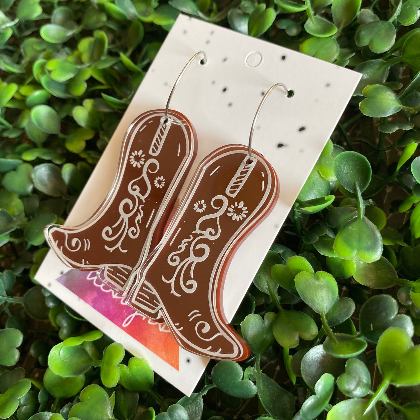 Cowboy Boot Earrings. Acrylic Cowboy Boot Statement Hoop Earrings. Featuring a Reversible Brown to Copper Glitter Piece.
