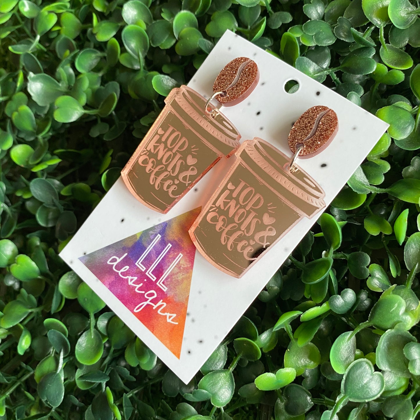 Top Knots & Coffee Statement Dangle Earrings Featuring Copper Glitter Coffee Bean Tops to make them POP!