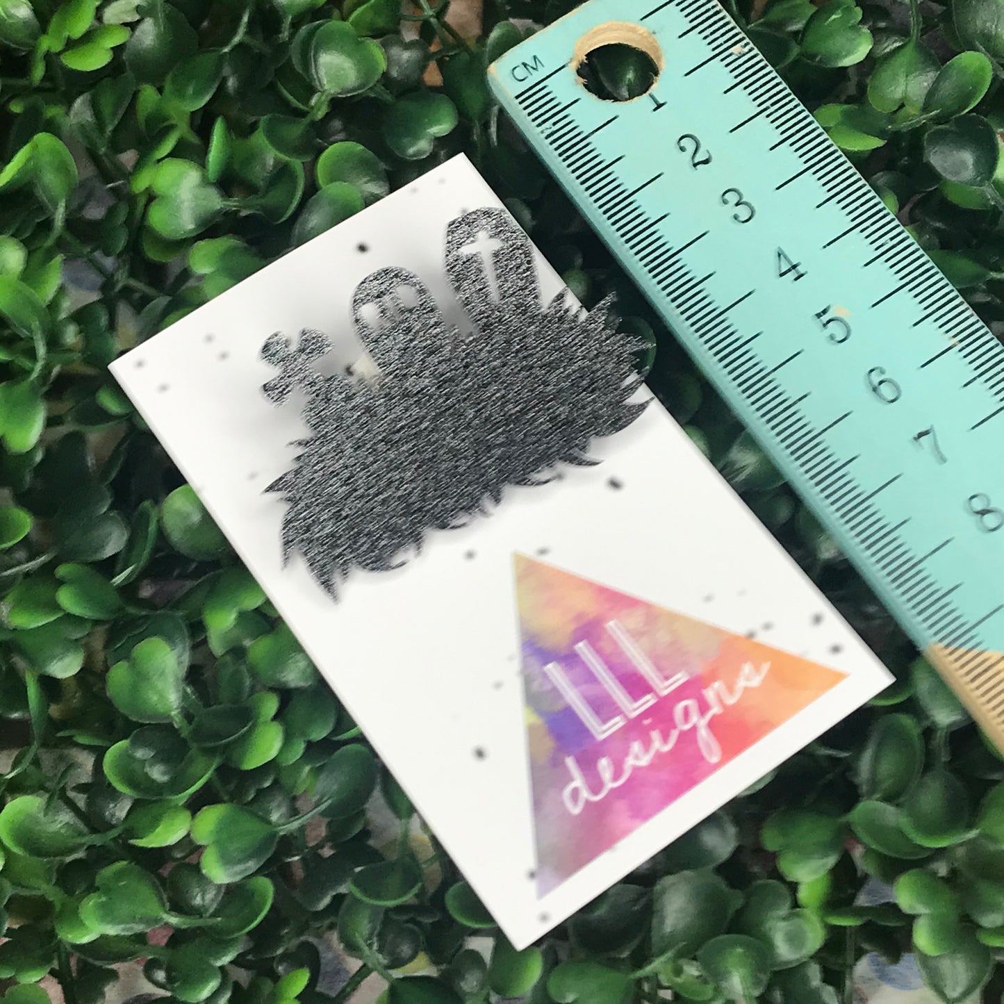 Spooky Black Glitter Graveyard Halloween Brooch.
