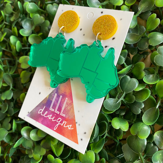 Australian Map Earrings. Green Mirror Australian Map Dangle Earrings with Glitter Gold Tops.