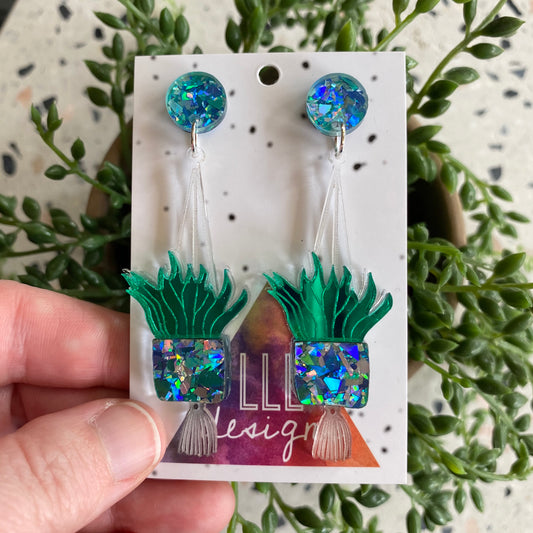 Hanging Planter Dangle Earrings. Featuring Stunning Blue and Silver Holographic Planters along with matching circular tops.