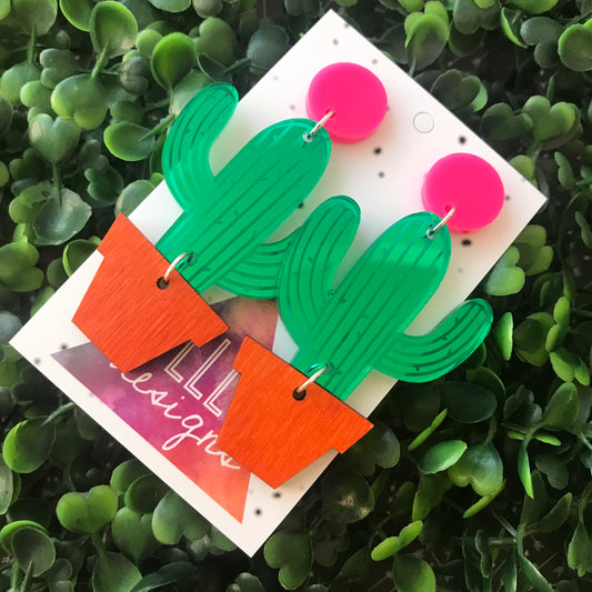 Potted Cactus Statement Dangle Earrings.