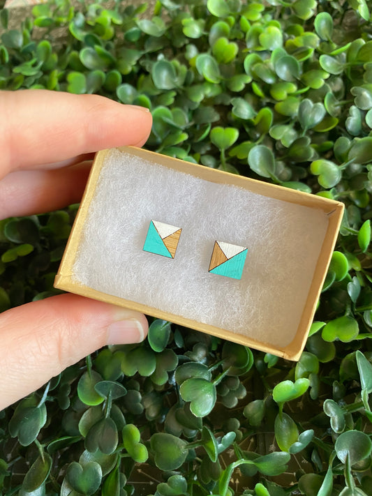 Geometric Square Earrings - Detailed Hand Painted Bamboo Earrings - Available in 2 Stunning Colour Combinations.