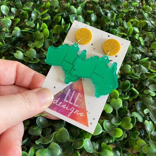 Australian Map Earrings. Green Mirror Australian Map Dangle Earrings with Glitter Gold Tops.