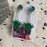 Hanging Planter Dangle Earrings. Featuring Stunning Purple and Green Holographic Planters Hung from Matching Circular Tops.