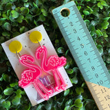 Fancy Flamingo Statement Dangle Earrings. 2 Layers of Acrylic Fabulousness - Neon Pink with Yellow Tops.