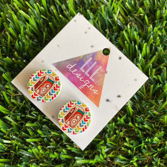 Colourful Vintage Camera - Printed Timber Stud Earrings.
