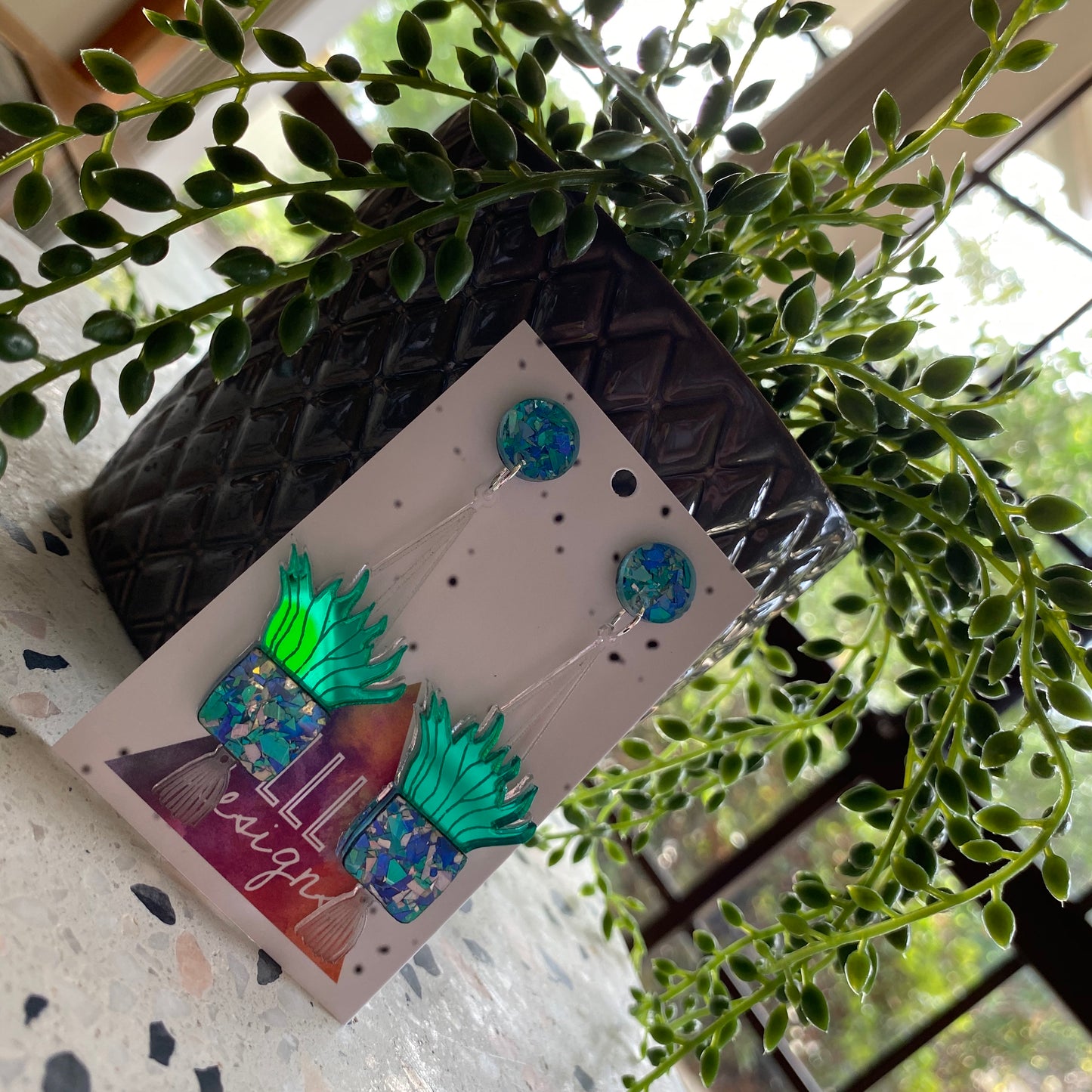 Hanging Planter Dangle Earrings. Featuring Stunning Blue and Silver Holographic Planters along with matching circular tops.