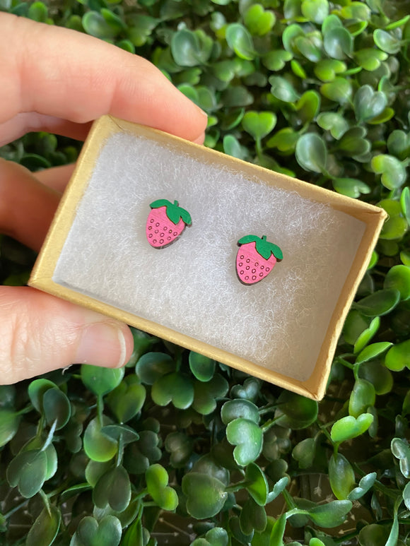 Strawberry Earrings - Detailed Hand Painted Bamboo Earrings. Available in 2 Stunning Colours.