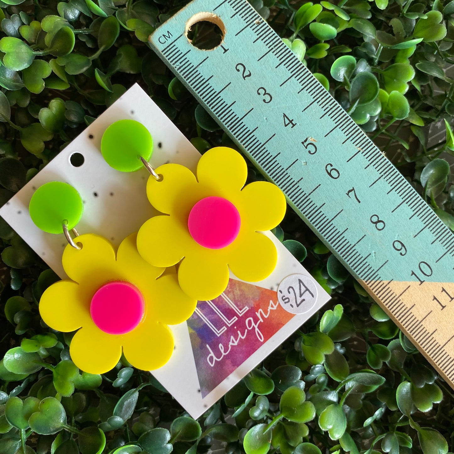 Flower Earrings - Flower Power Statement Dangle Earrings. Fabulous Yellow and Pink Flowers with Green Tops.