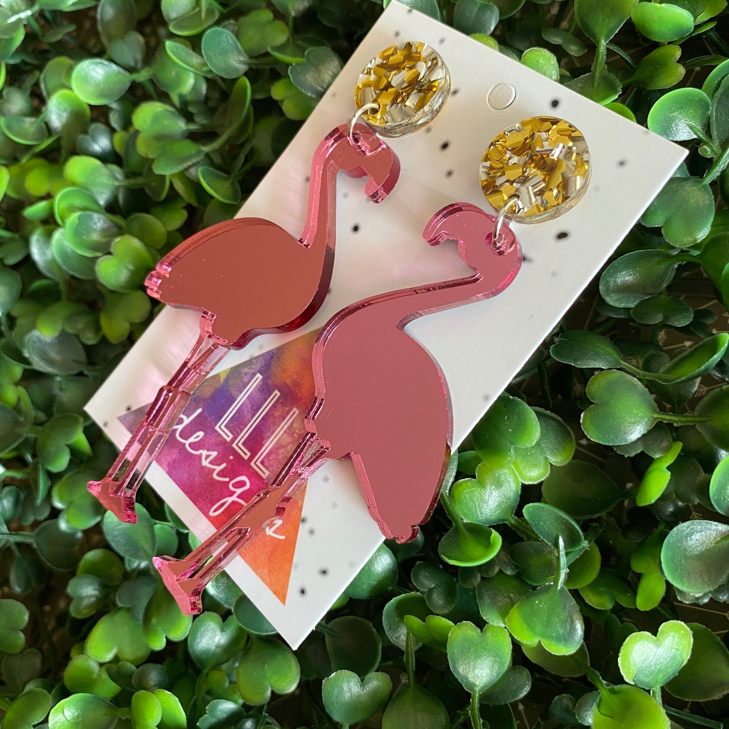 Glamour Flamingo Statement Dangle Earrings. Finished with Silver and Gold Glitz Confetti Tops.