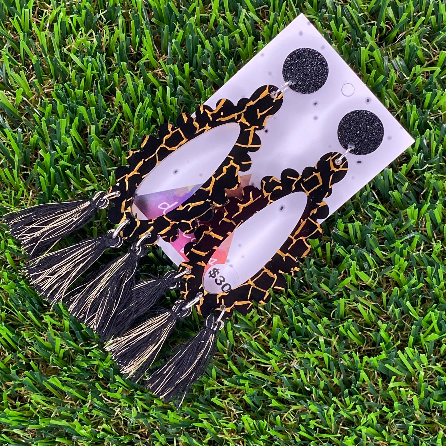 Black and Gold Crackle Statement Tassel Dangle Earrings