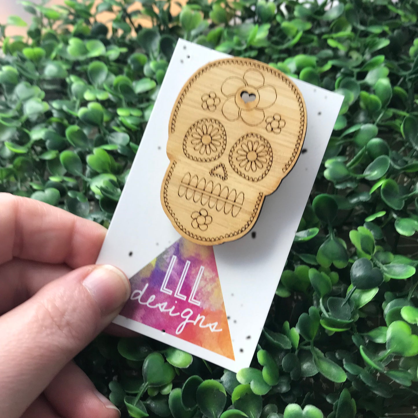 Bamboo Sugar Skull Brooch - Detailed Laser Etched Sugar Skull Badge.