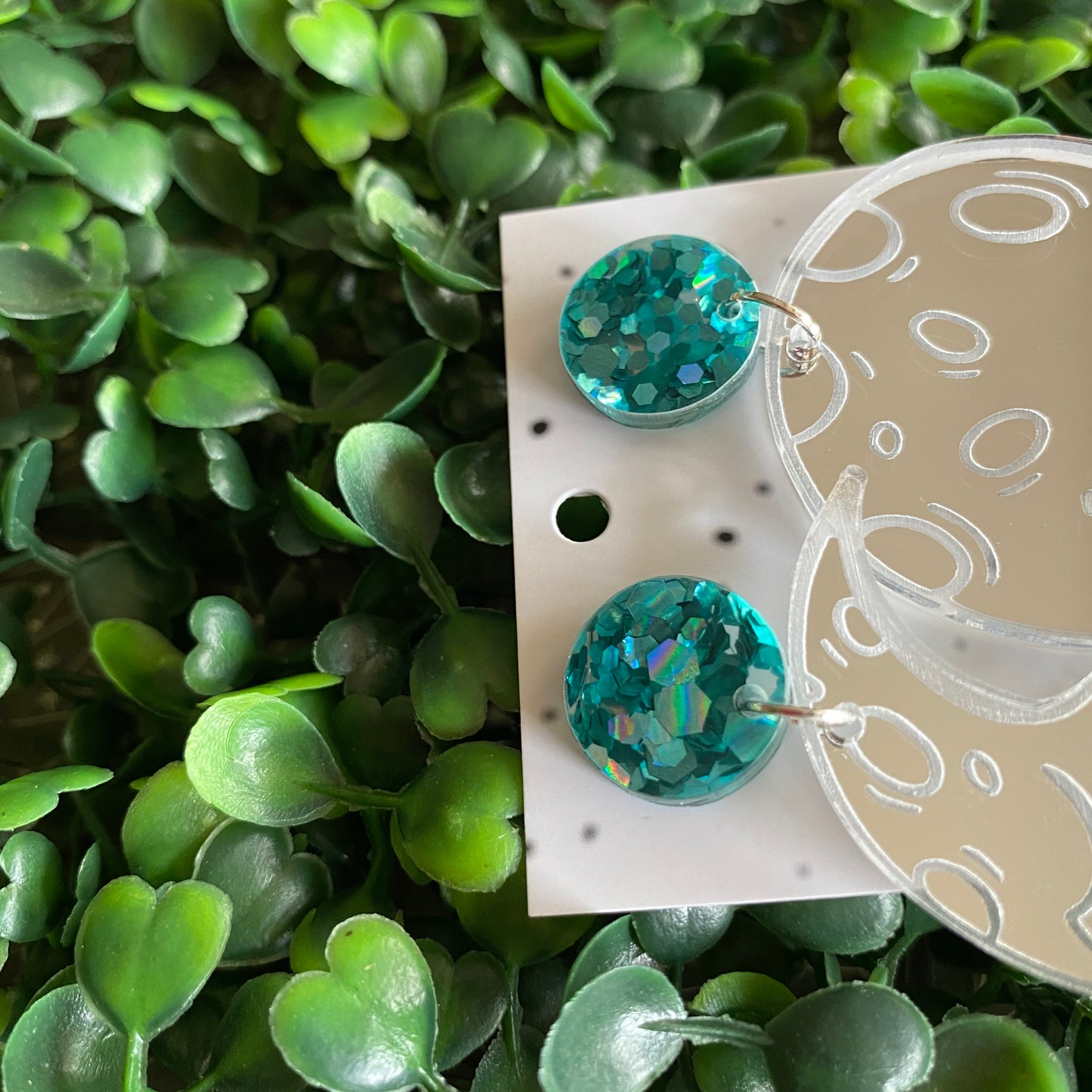 Moon Earring. Dreamy Sleepy Mirror Moon Dangle Earrings in Silver with Stunning Aqua Confetti Acrylic Tops.