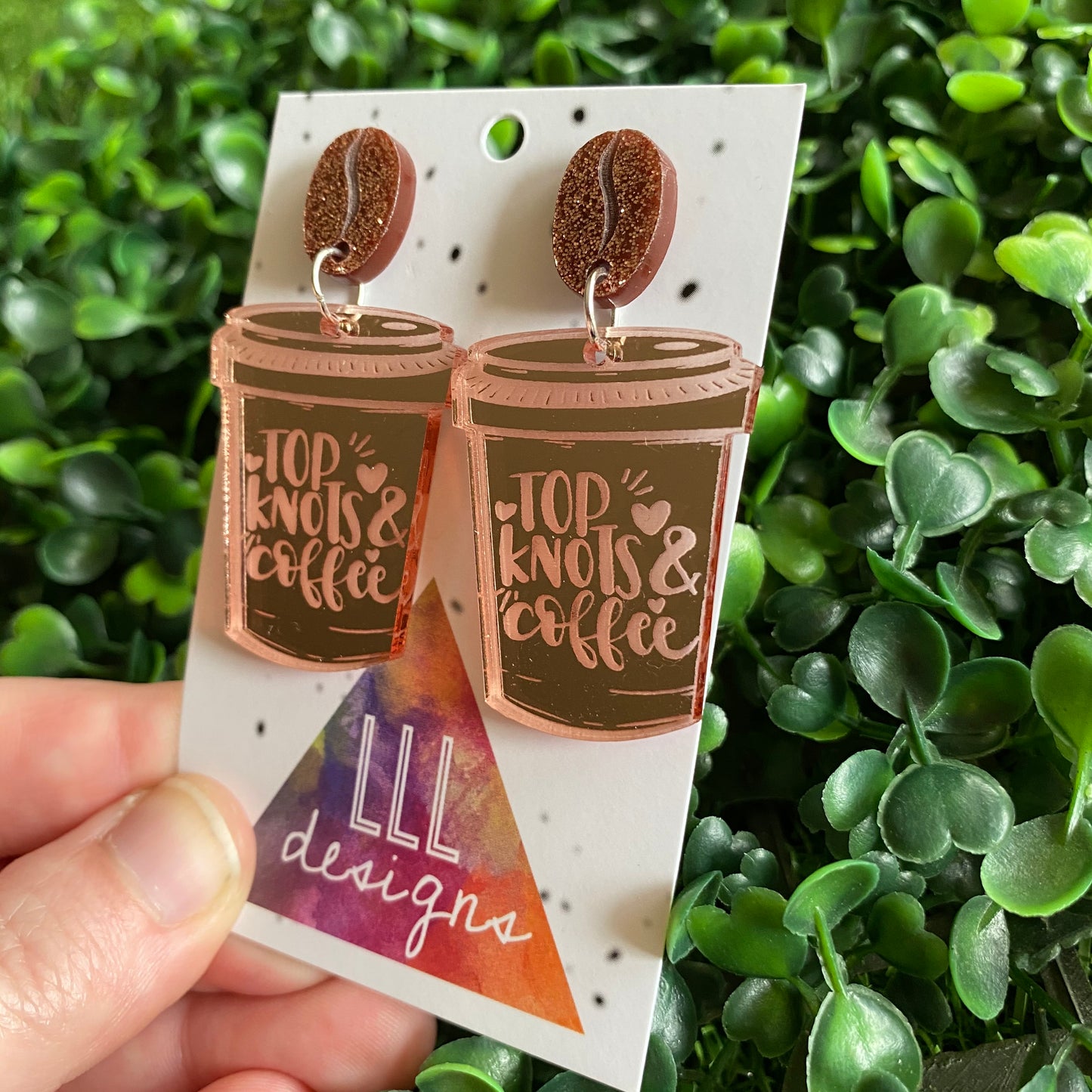 Top Knots & Coffee Statement Dangle Earrings Featuring Copper Glitter Coffee Bean Tops to make them POP!