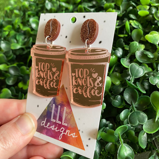 Top Knots & Coffee Statement Dangle Earrings Featuring Copper Glitter Coffee Bean Tops to make them POP!
