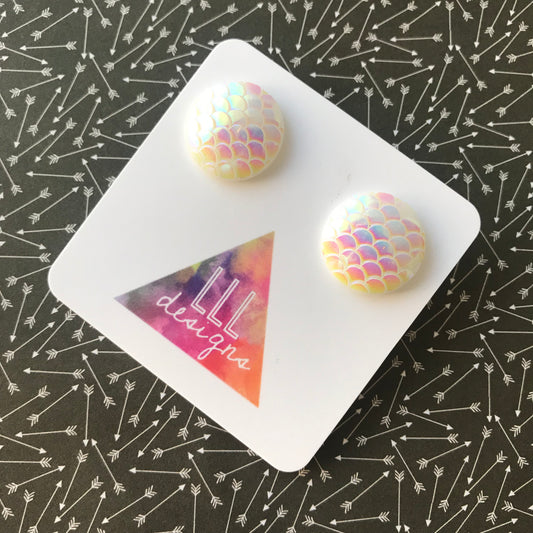 Holographic White Mermaid Scale Stud Earrings - Magical Earrings!